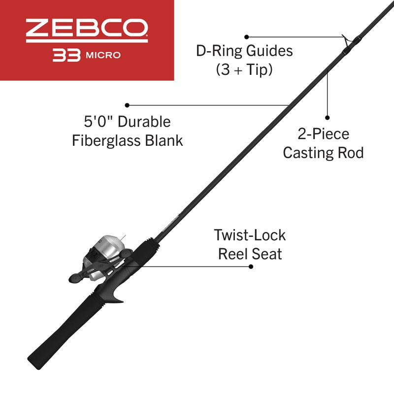 Zebco 33 Micro Spincast Reel and Fishing Rod Combo, 5-Foot 2-Piece Rod with Durable Fiberglass Fishing Pole, Quickset Anti-Reverse Fishing Reel with Bite Alert, Silver - Image 2